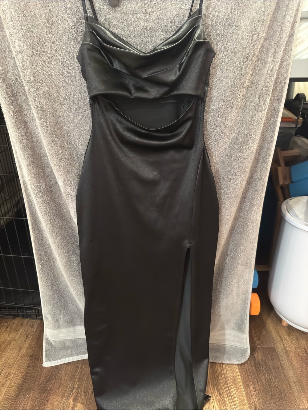 Windsor Black Satin Cowl Neck Gown with Thigh Slit